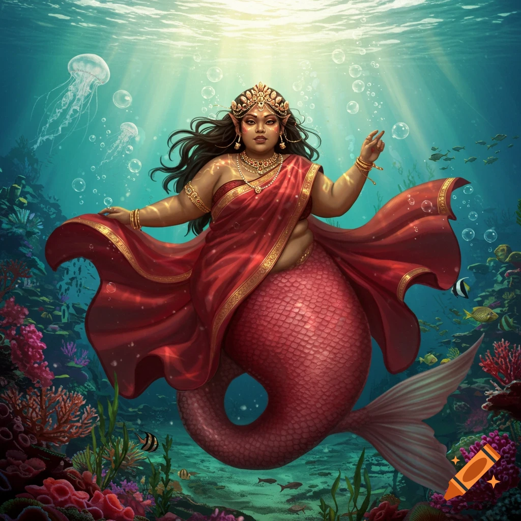 A majestic plus-size South Indian mermaid wearing a red saree-like dress and a pearl crown swims in a vibrant coral reef.