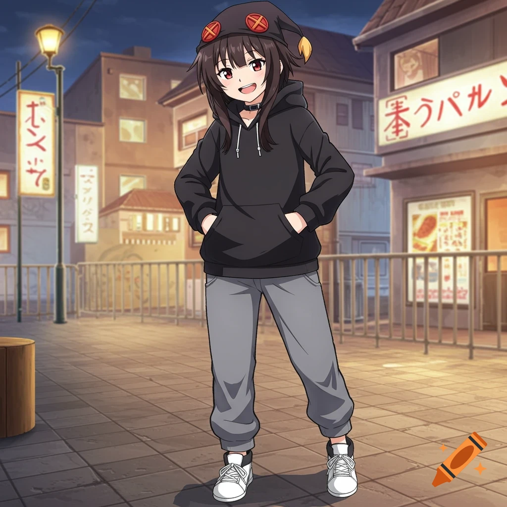 An anime girl, Megumin, stands on a city street at dusk, wearing a black hoodie, gray sweatpants, and white sneakers, smiling.