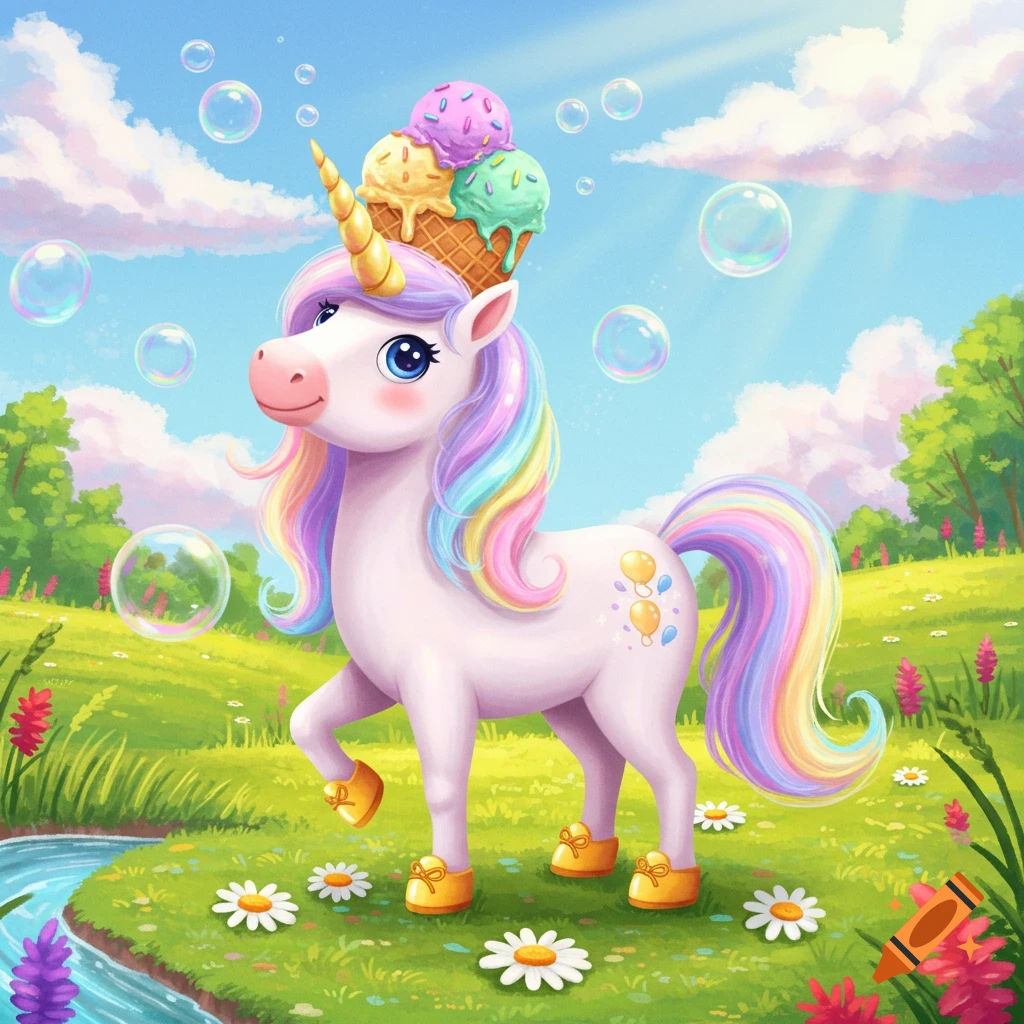 A cute rainbow unicorn with ice cream on its head and yellow shoes in a vibrant, bubbly meadow with a stream, cartoon illustration.