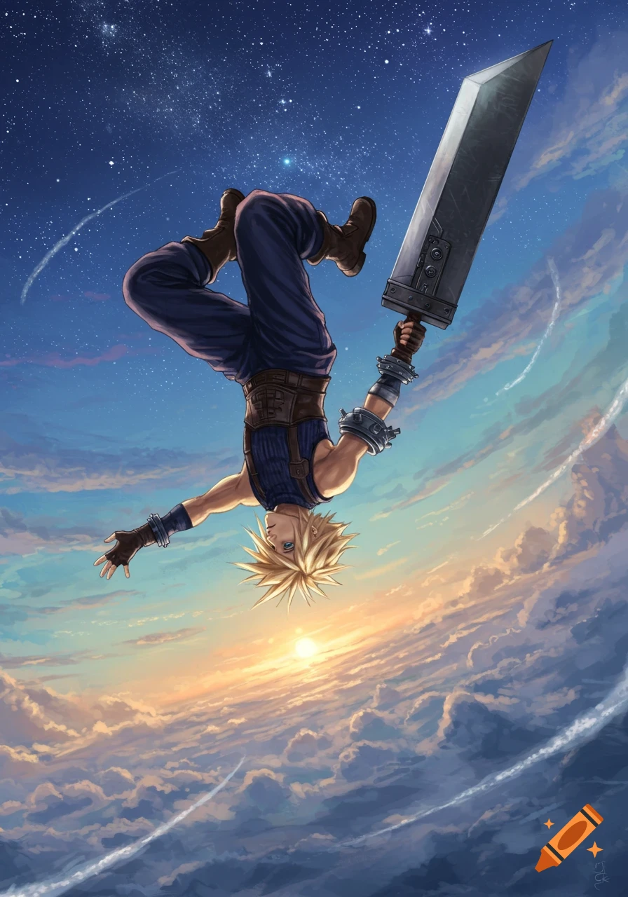 Cloud Strife doing a backflip in a vast twilight sky with stars and clouds, holding his Buster Sword. Anime art style.