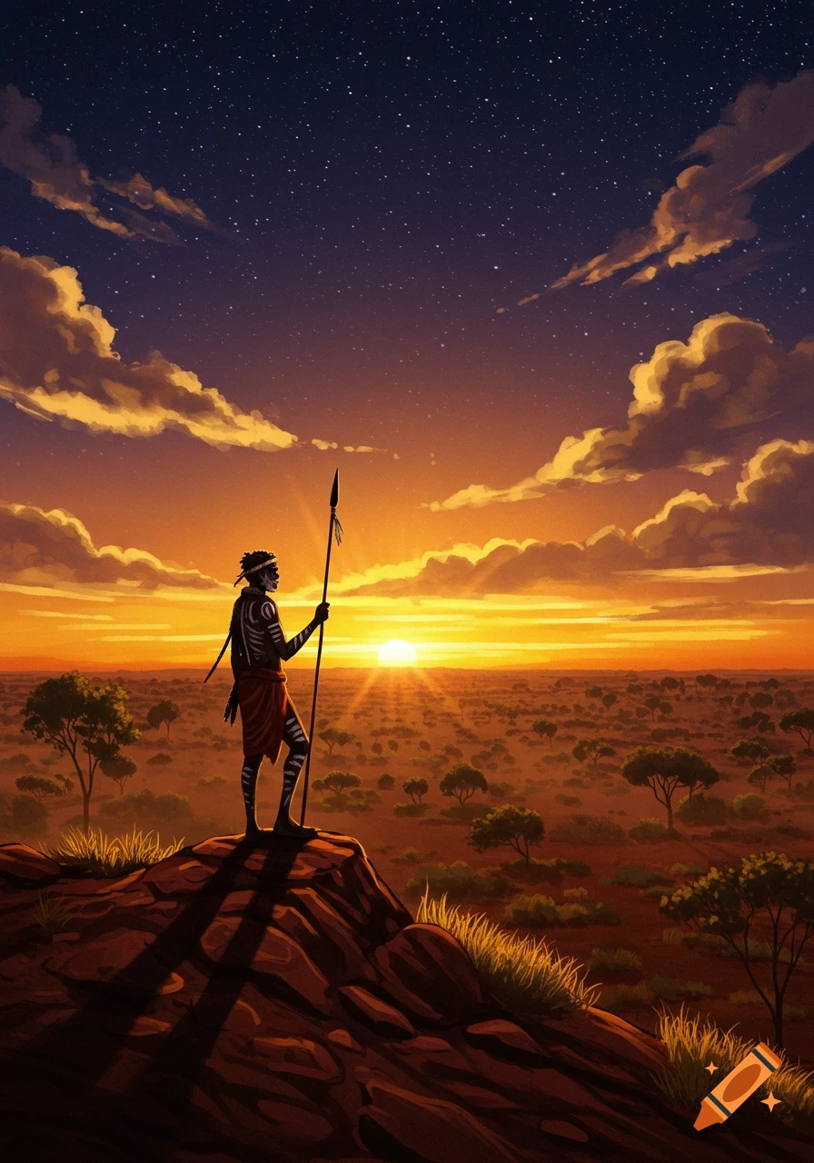Illustrated image of an Indigenous Australian man with a spear on a rock, observing a vibrant sunset over the outback.