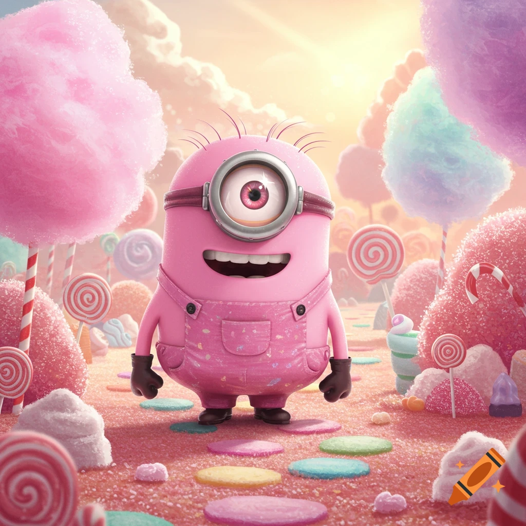 A pink Minion wearing pink overalls stands in a whimsical candy land with lollipops, cotton candy trees, and colorful sweets under a bright sky.