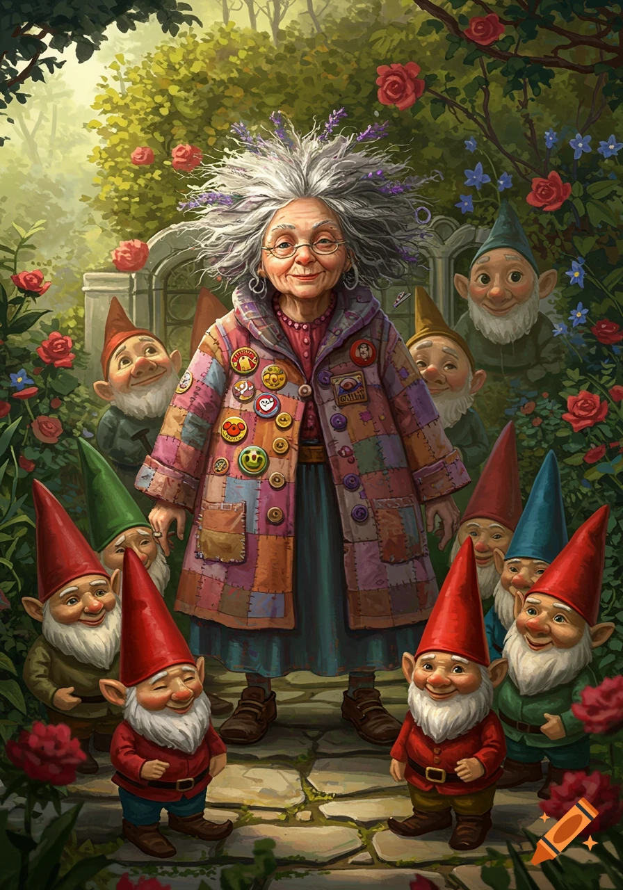 An old woman with wild hair and a colorful patchwork coat stands surrounded by smiling gnomes in a lush rose garden. Illustrative style.