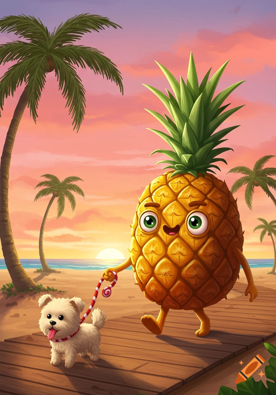 A cute cartoon pineapple walks a fluffy white dog on a wooden path at a vibrant sunset beach with palm trees.