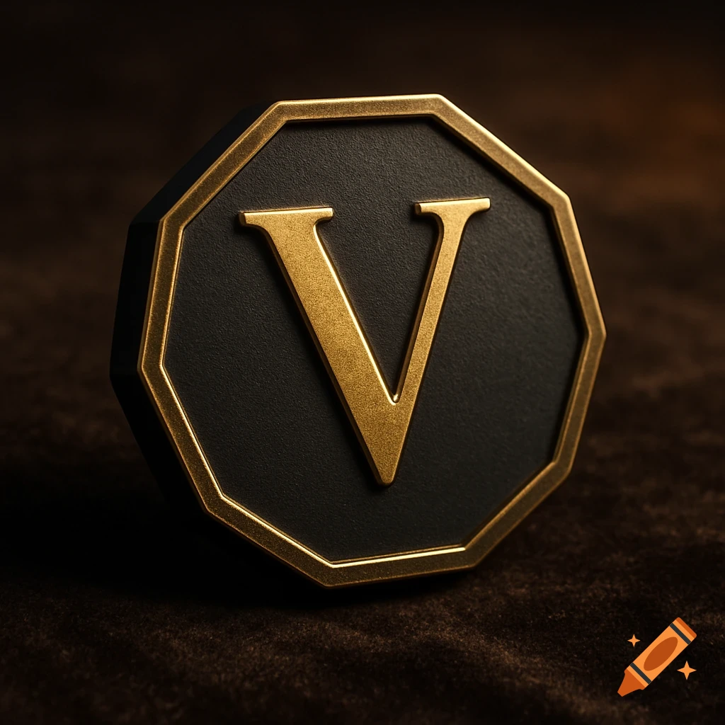 Close-up of a matte black octagonal coin with a gold letter 'V' on its face and a thin gold border, on a dark textured surface.