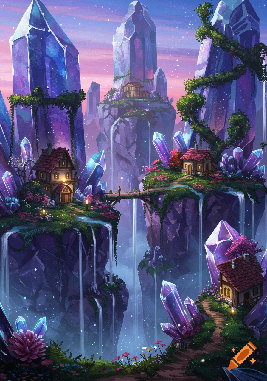 Vibrant fantasy village with houses on cliffs, giant glowing purple crystals, waterfalls, and lush flora under a colorful sky. Digital art.