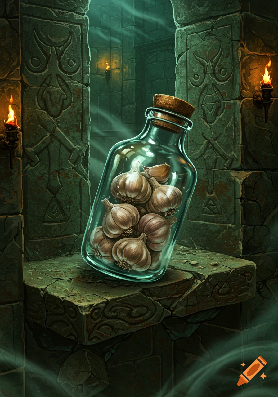 A glass bottle filled with garlic bulbs rests on a broken stone shelf in a dark, ancient dungeon, rendered in a fantasy art style.