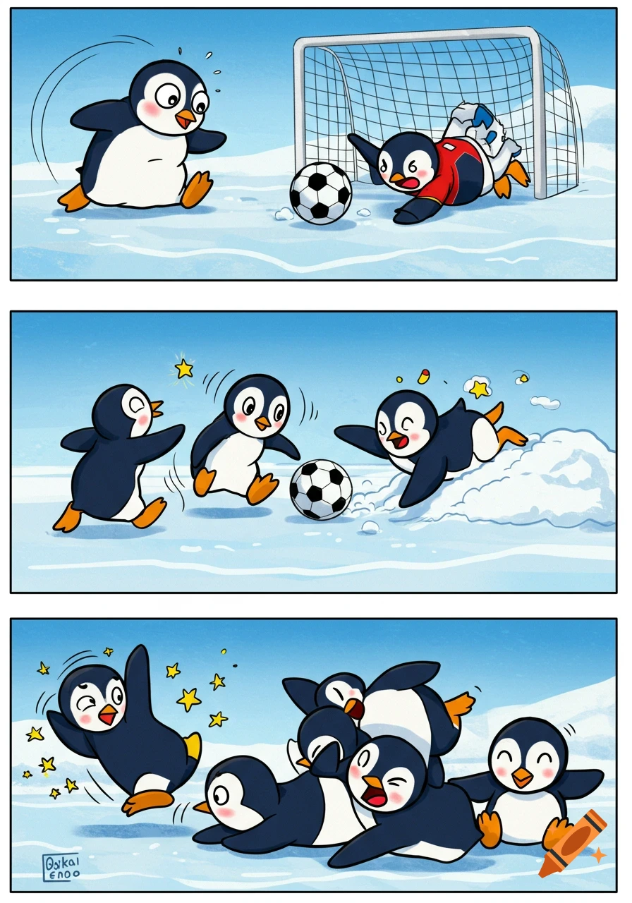 A bright, colorful cartoon comic of penguins humorously playing soccer on an icy field, slipping, diving, tackling, and celebrating a goal.