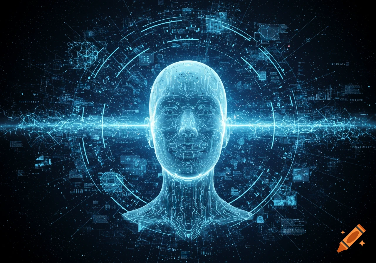 A glowing blue circuit board human head surrounded by a digital data network against a dark background, depicting artificial intelligence.