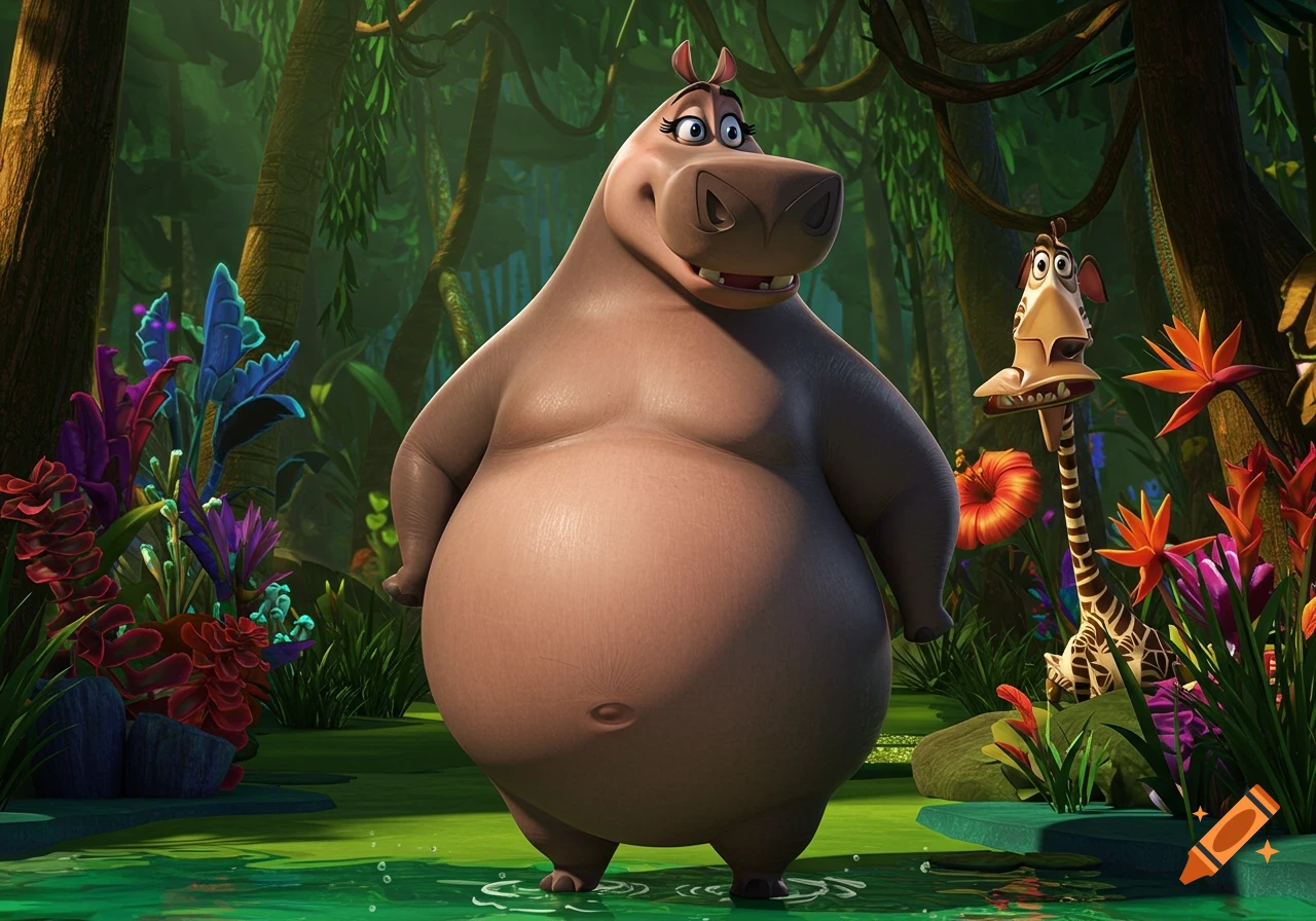 An animated hippo with a large belly stands in water in a lush jungle with colorful plants, a partially obscured giraffe in the background.