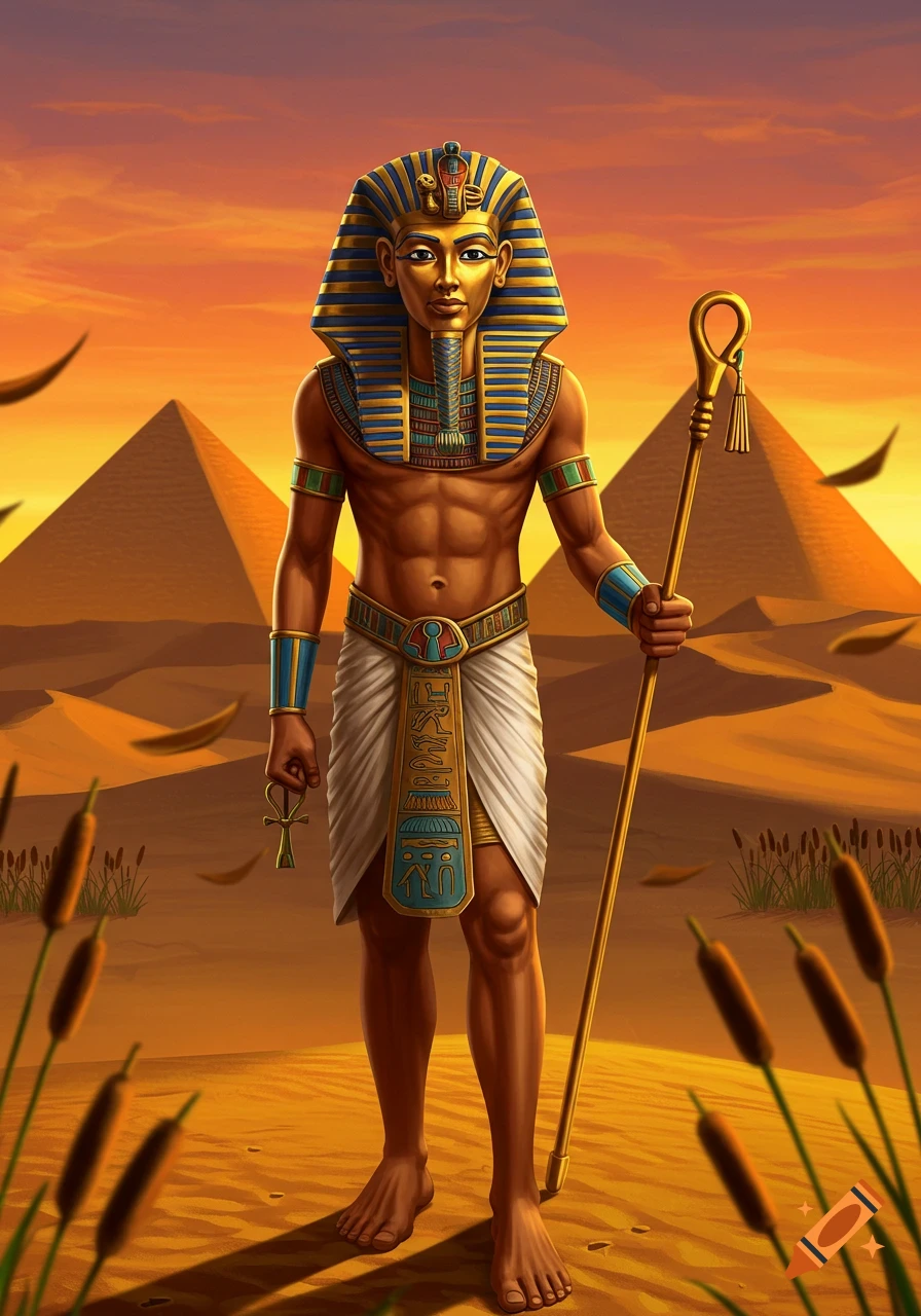 Stylized illustration of a pharaoh in a nemes headdress and kilt, holding an ankh and staff, in a desert with pyramids at sunset.