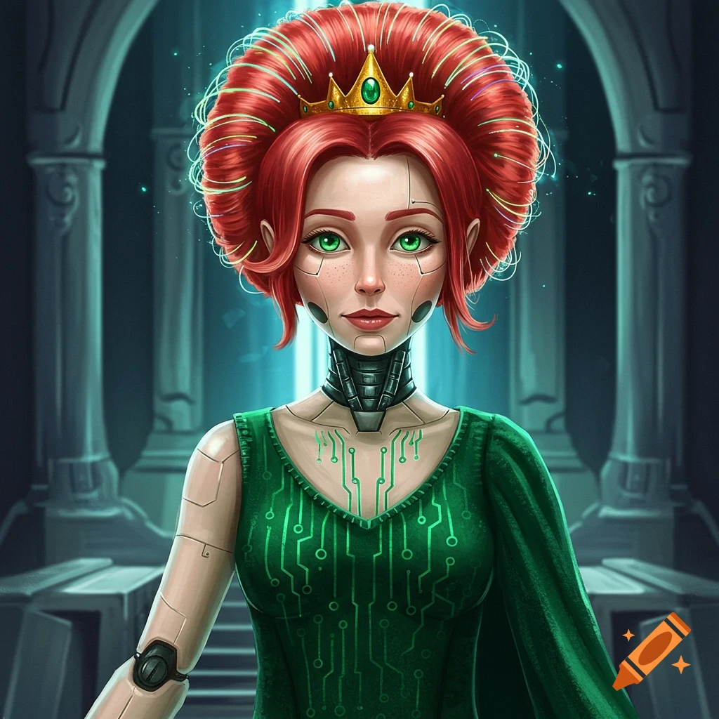 A stylized female cyborg princess with red hair, green eyes, a gold crown, and a circuit board patterned dress in a blue-lit hall.
