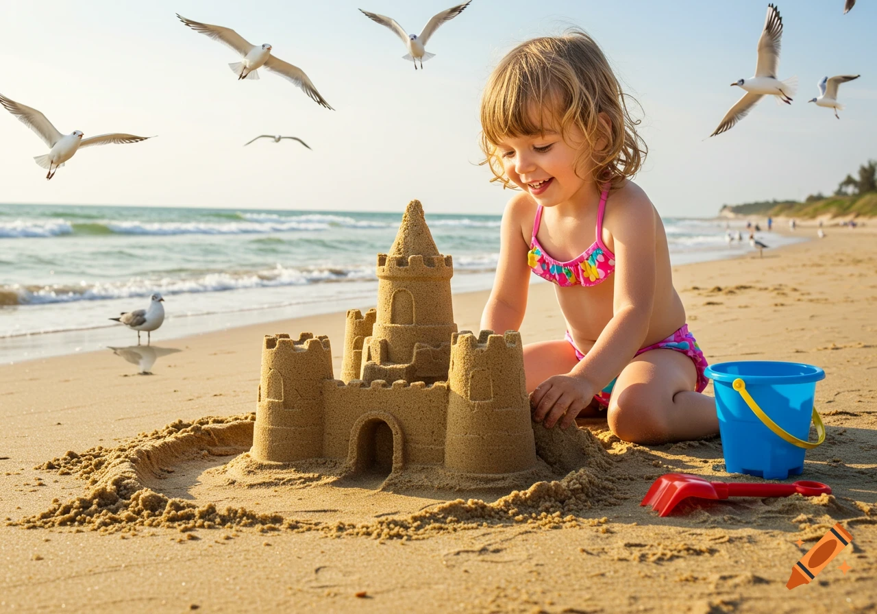 A happy little girl builds a sandcastle on a sunny beach with seagulls flying overhead.