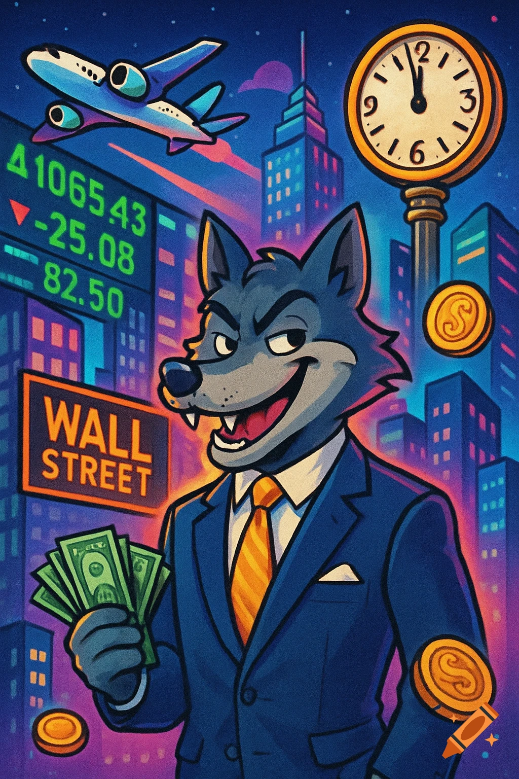 Cartoon wolf in a business suit holding cash in a vibrant city with 'Wall Street' sign and stock market data.