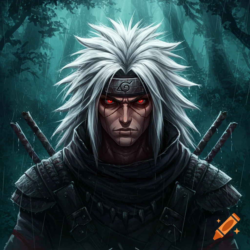 A detailed anime drawing of a fierce warrior with spiky white hair, glowing red eyes, and a headband, in a rainy forest.