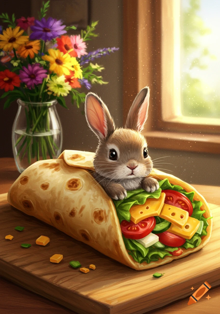 A cute brown bunny peeks from a burrito filled with lettuce, cheese, and tomatoes, on a wooden board. Illustrated.