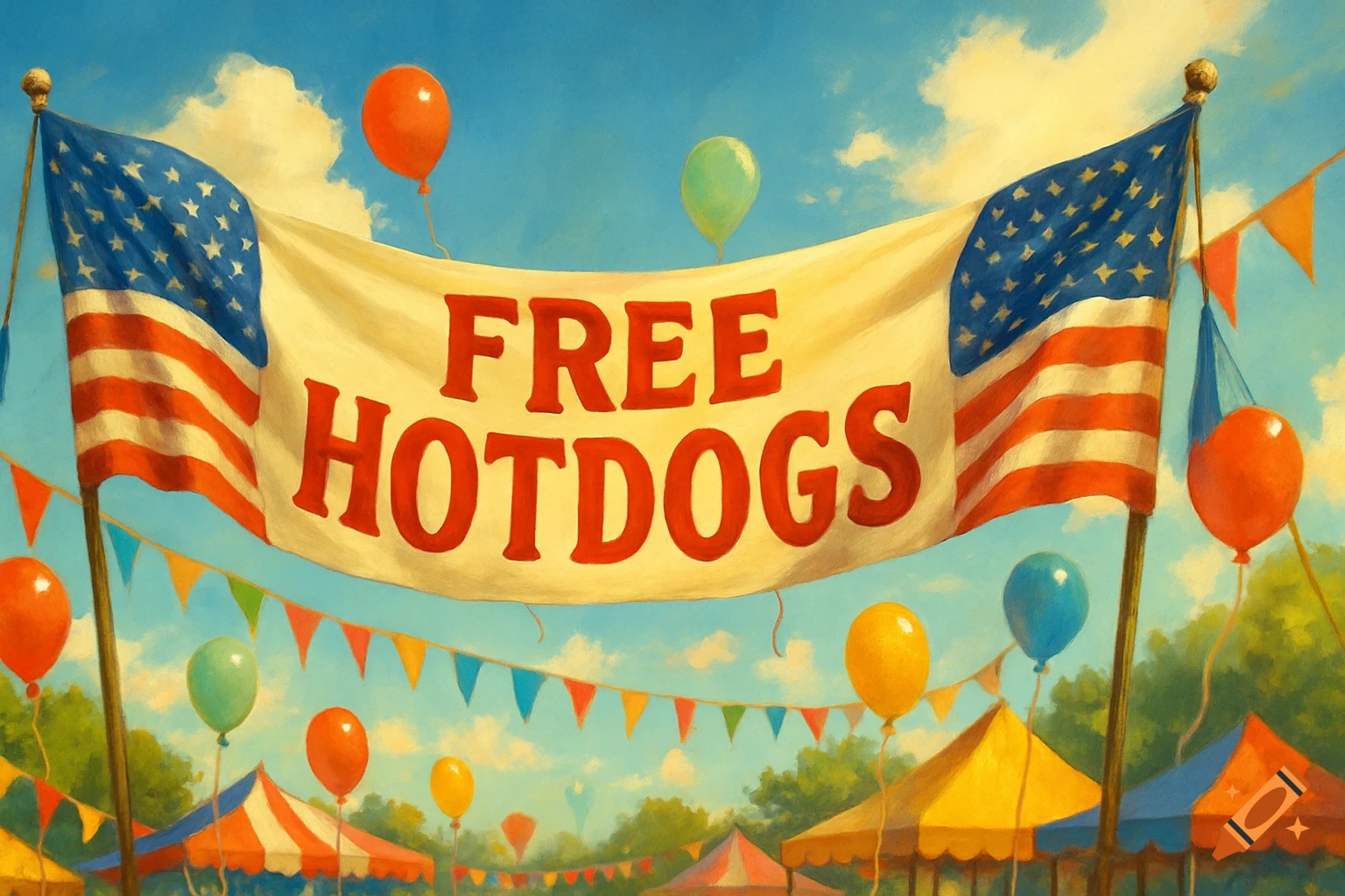 Painted scene of a fair with a 'FREE HOTDOGS' banner flanked by American flags, balloons, and tents under a blue sky.