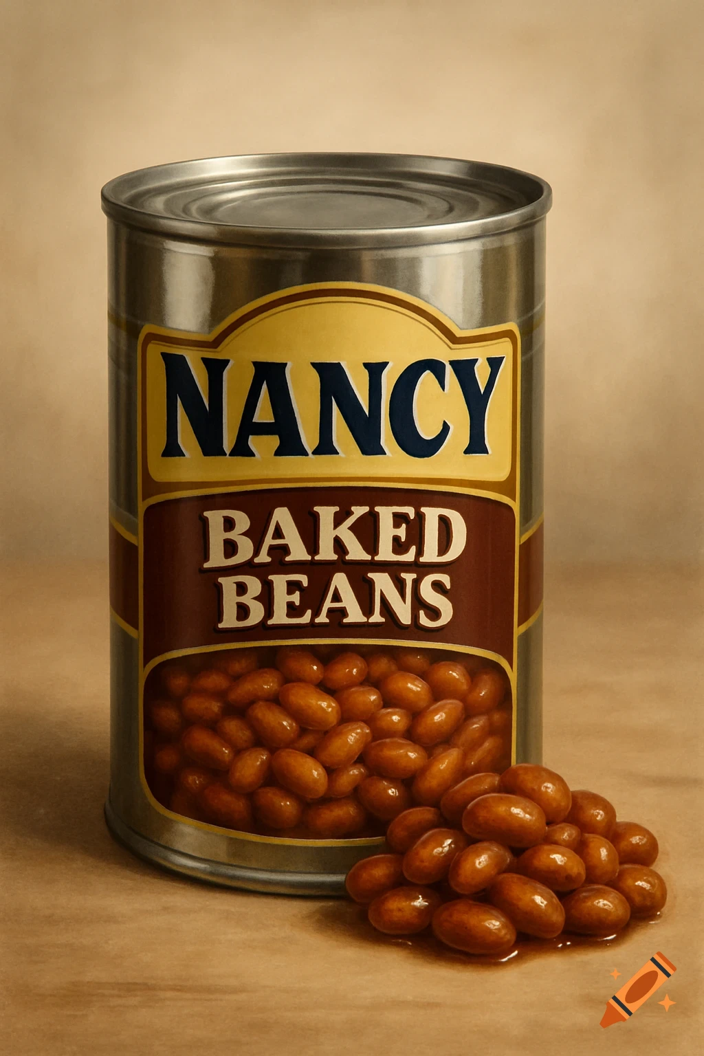 Photorealistic image of a can of Nancy Baked Beans with some beans spilled on a light brown surface.