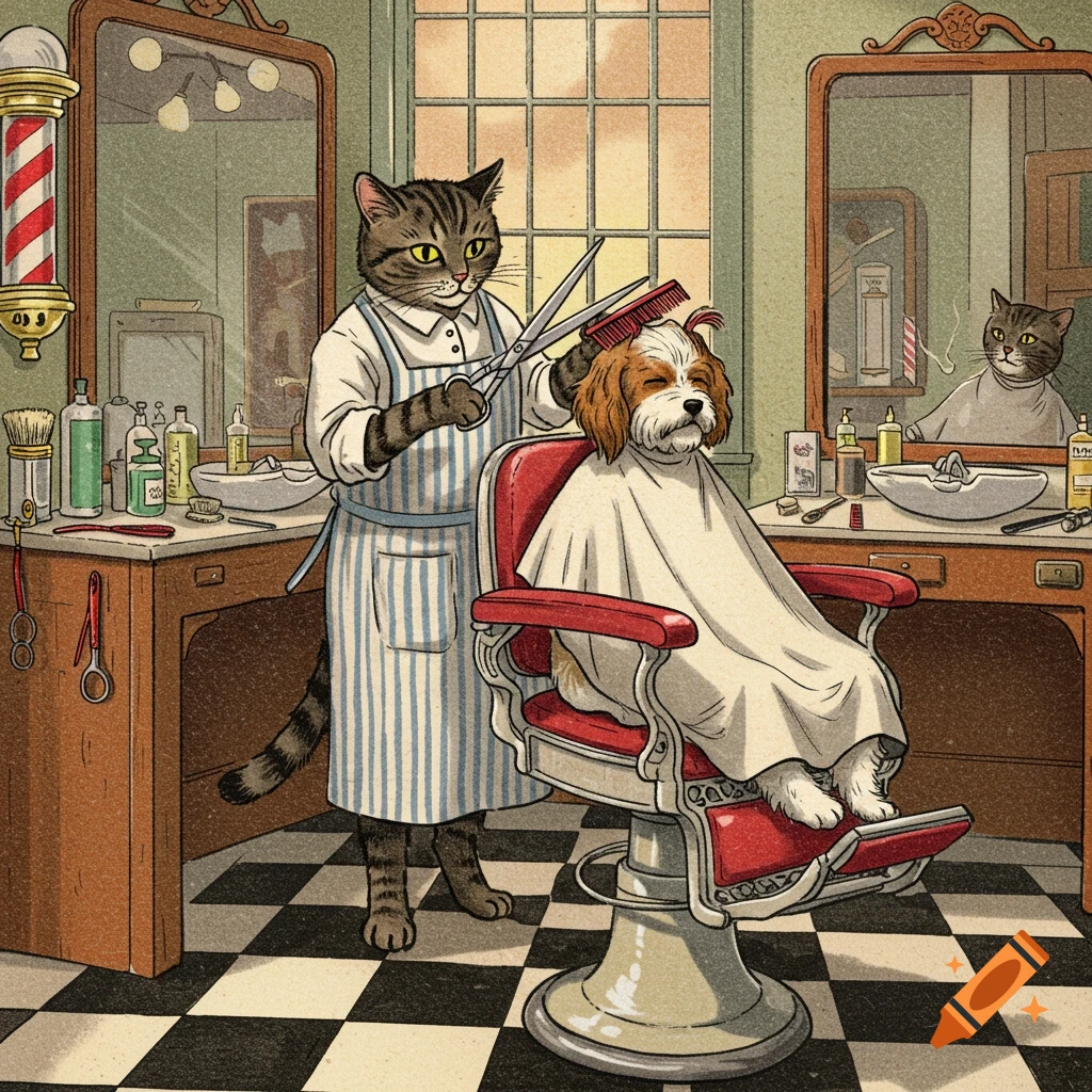 A vintage-style illustration shows a cat barber cutting the hair of a dog client sitting in a red barbershop chair.