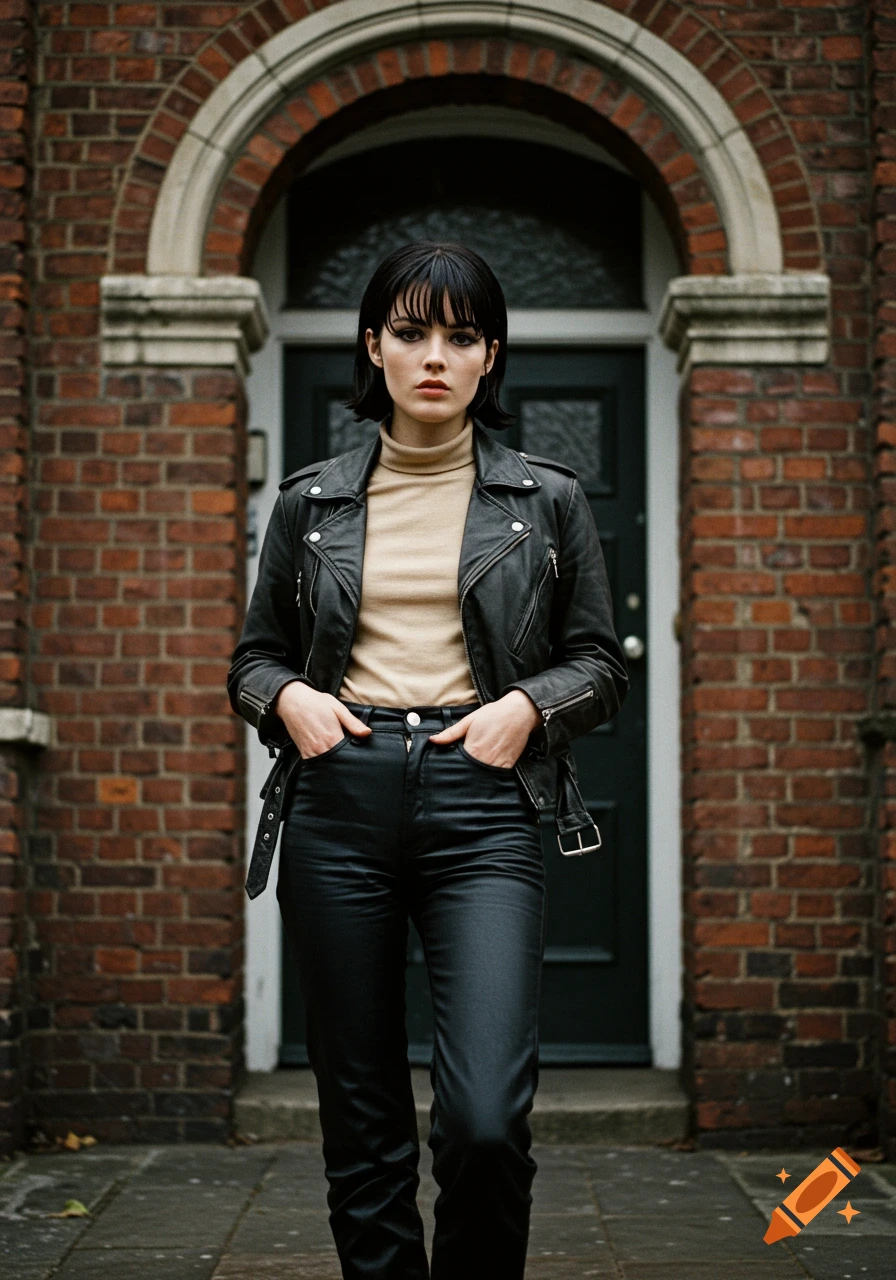 A woman with short dark hair and bangs stands in a doorway of a brick building, wearing a black leather jacket, tan turtleneck, and black leather pants.