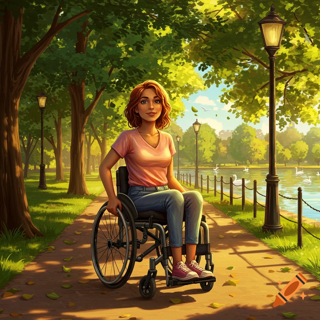 Illustrated smiling woman in a wheelchair on a sunny park path next to a lake with swans.