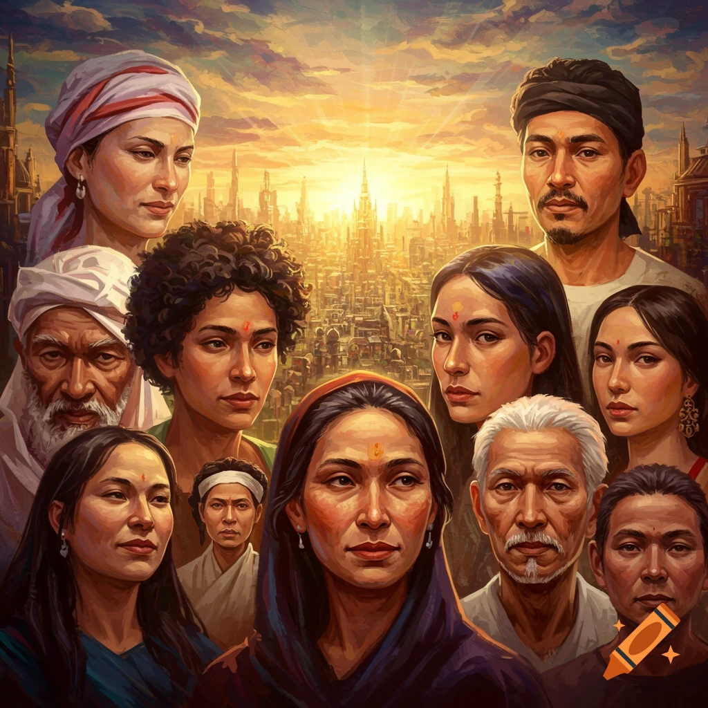A group of diverse people with various expressions against a golden-lit fantasy cityscape, digital painting.