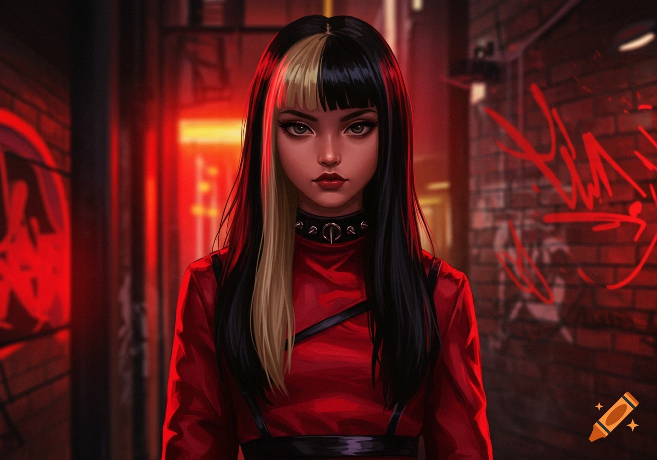Stylized illustration of a woman with split black and blonde hair, wearing a red top and spiked choker, against a red-lit brick alley with graffiti.