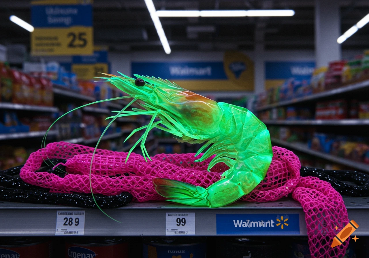 A glowing green radioactive shrimp sits on a shelf in a Walmart store, next to bright pink netting.