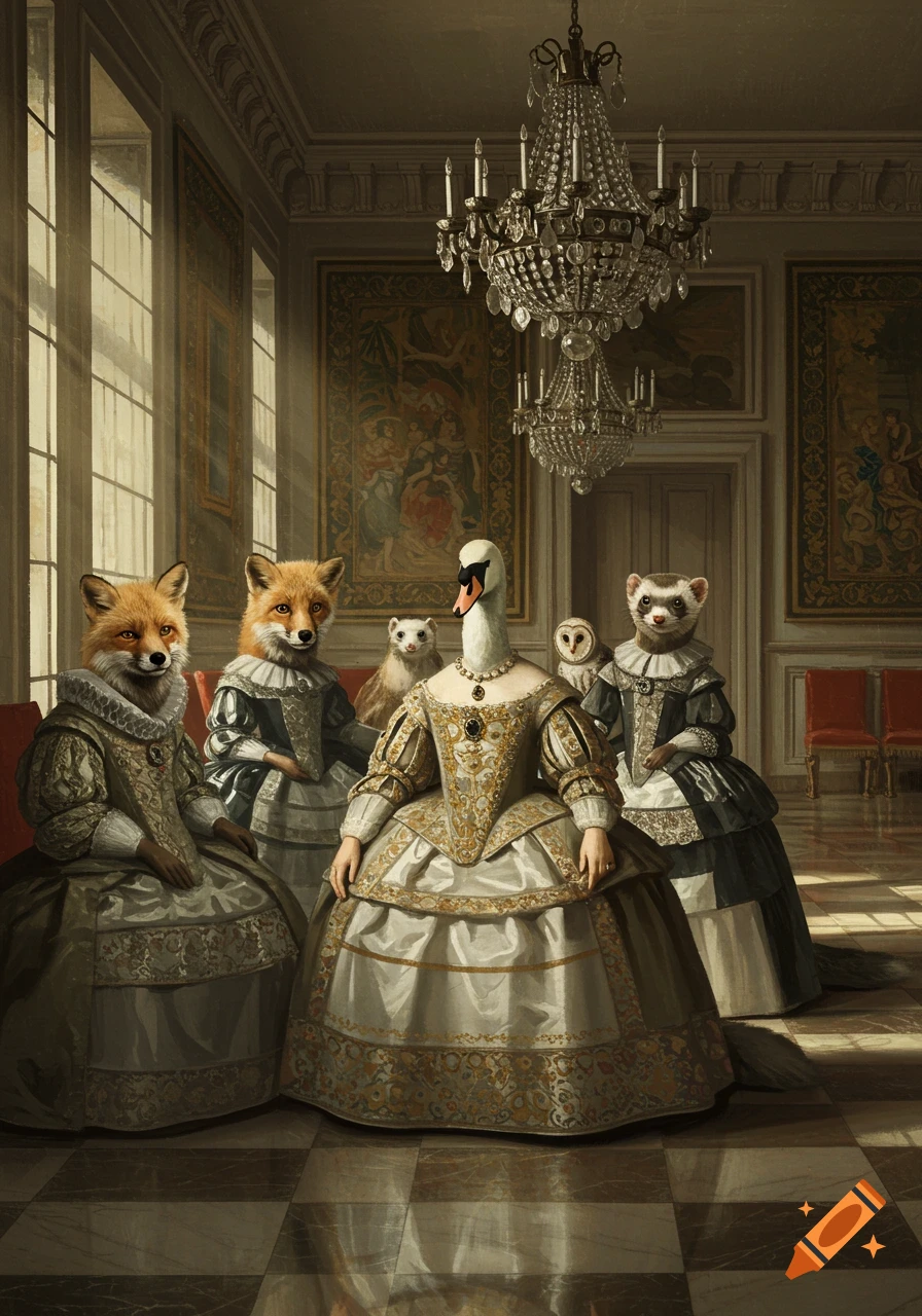 An oil painting of anthropomorphic animals in elaborate 17th-century attire, including foxes, a swan, ferrets, and an owl, in a grand hall.