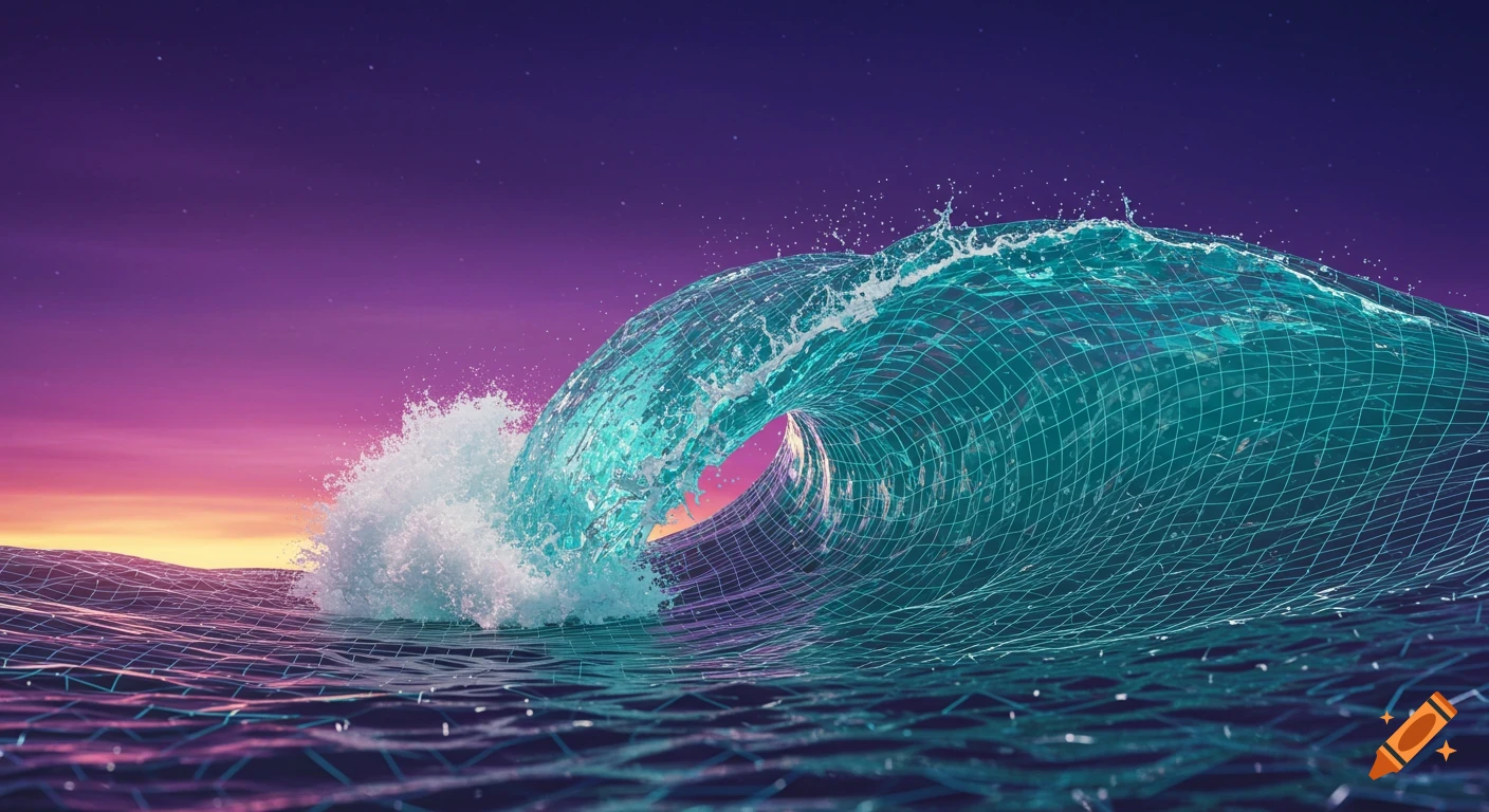 A large digital wave with glowing grid lines collapses in an ocean, under a vibrant purple and orange sunset sky.
