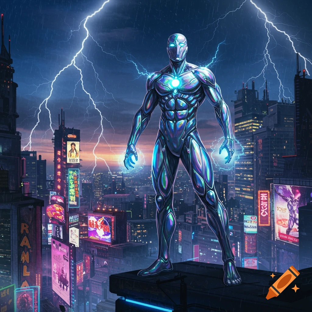 A metallic superhero with glowing blue energy stands atop a skyscraper in a rainy, lightning-filled cyberpunk city at dusk.