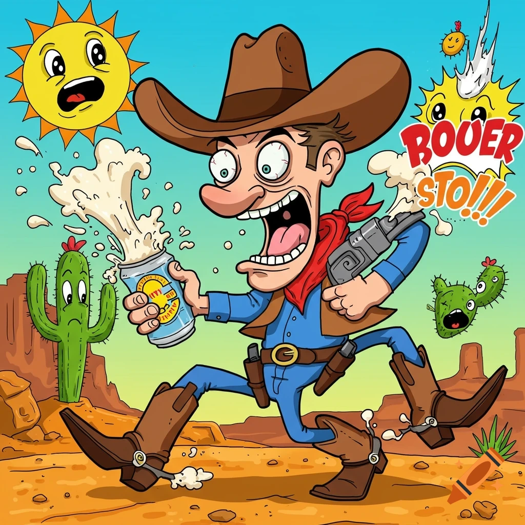 Exaggerated cartoon cowboy running, shotgunning a beer that sprays foam, with a wild expression in a desert landscape.
