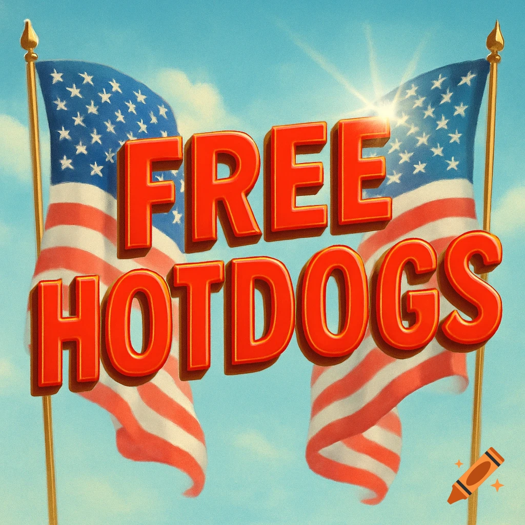 Large red 'FREE HOTDOGS' text over two waving American flags against a bright blue sky, sunny cartoon style.
