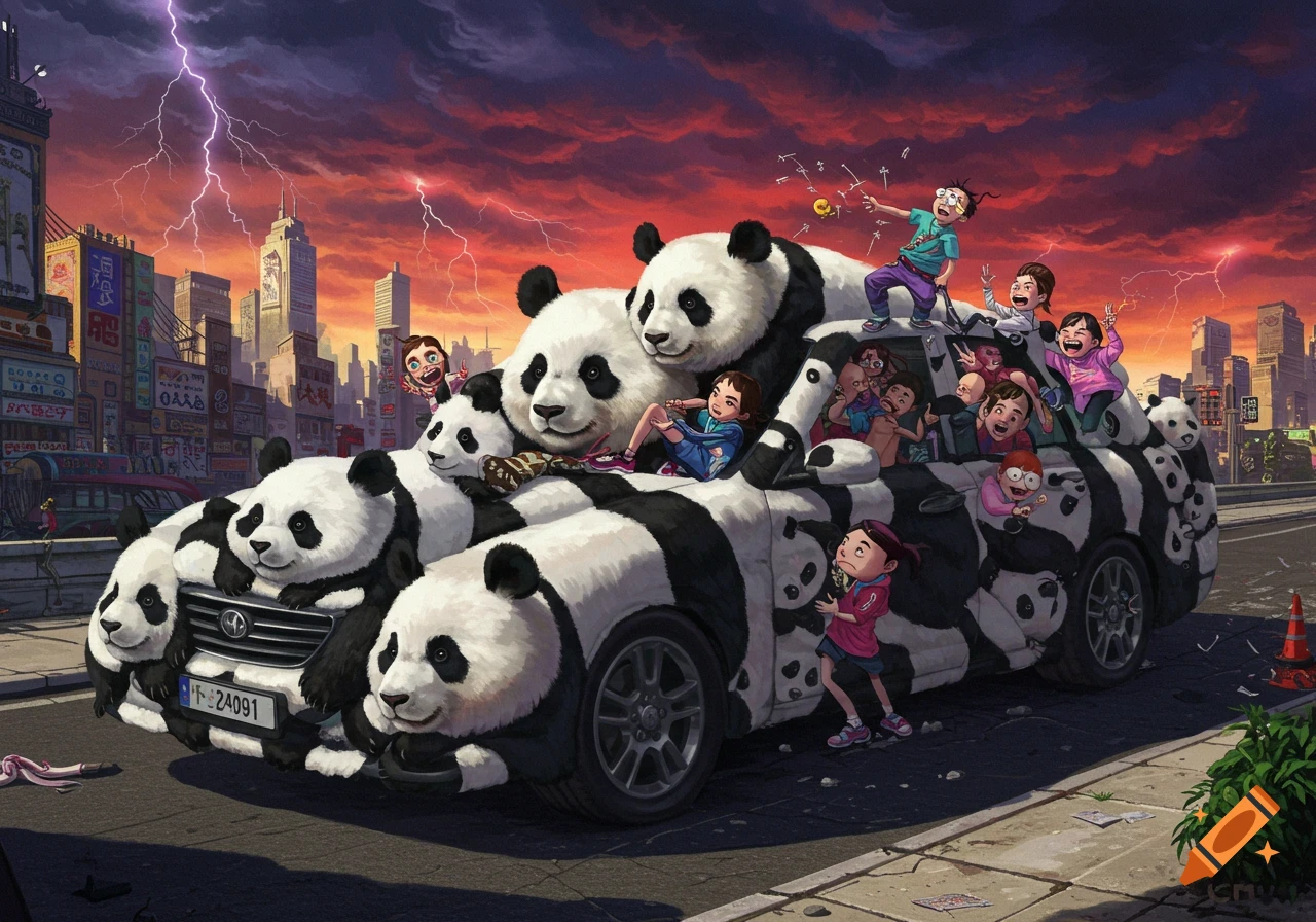 A cartoon of children and pandas covering a car in a city under a stormy, red sky with lightning.