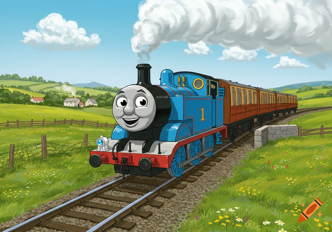 A smiling blue cartoon train, Thomas the Tank Engine, puffs white smoke as it travels along tracks through a green, hilly countryside under a blue sky.