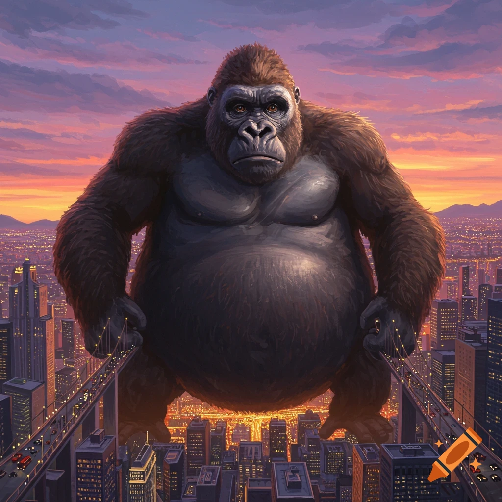 A giant, brown gorilla with an inflated spherical body stands atop skyscrapers in a sprawling city during a vibrant sunset.