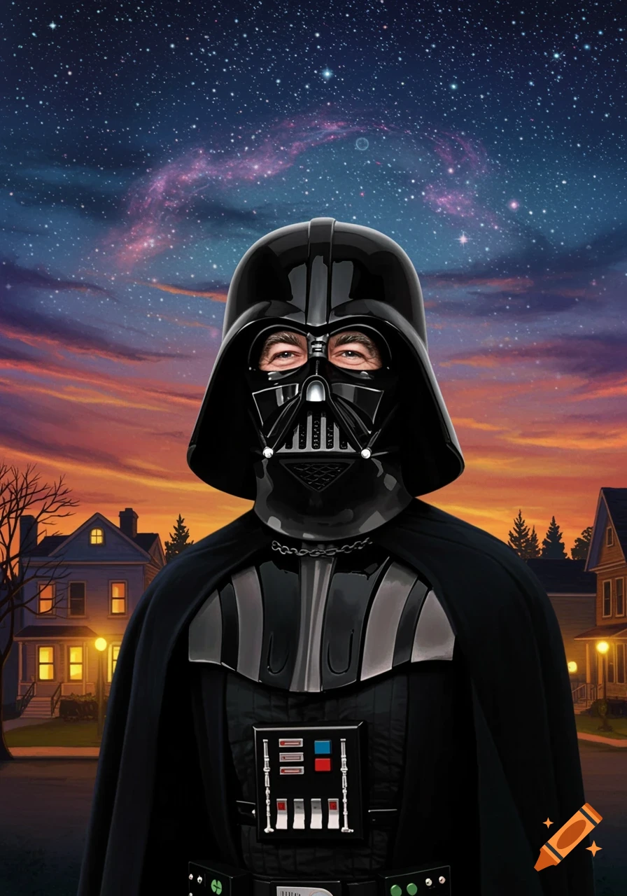 Mr. Rogers dressed as Darth Vader stands in a suburban neighborhood at night under a vibrant starry sky.