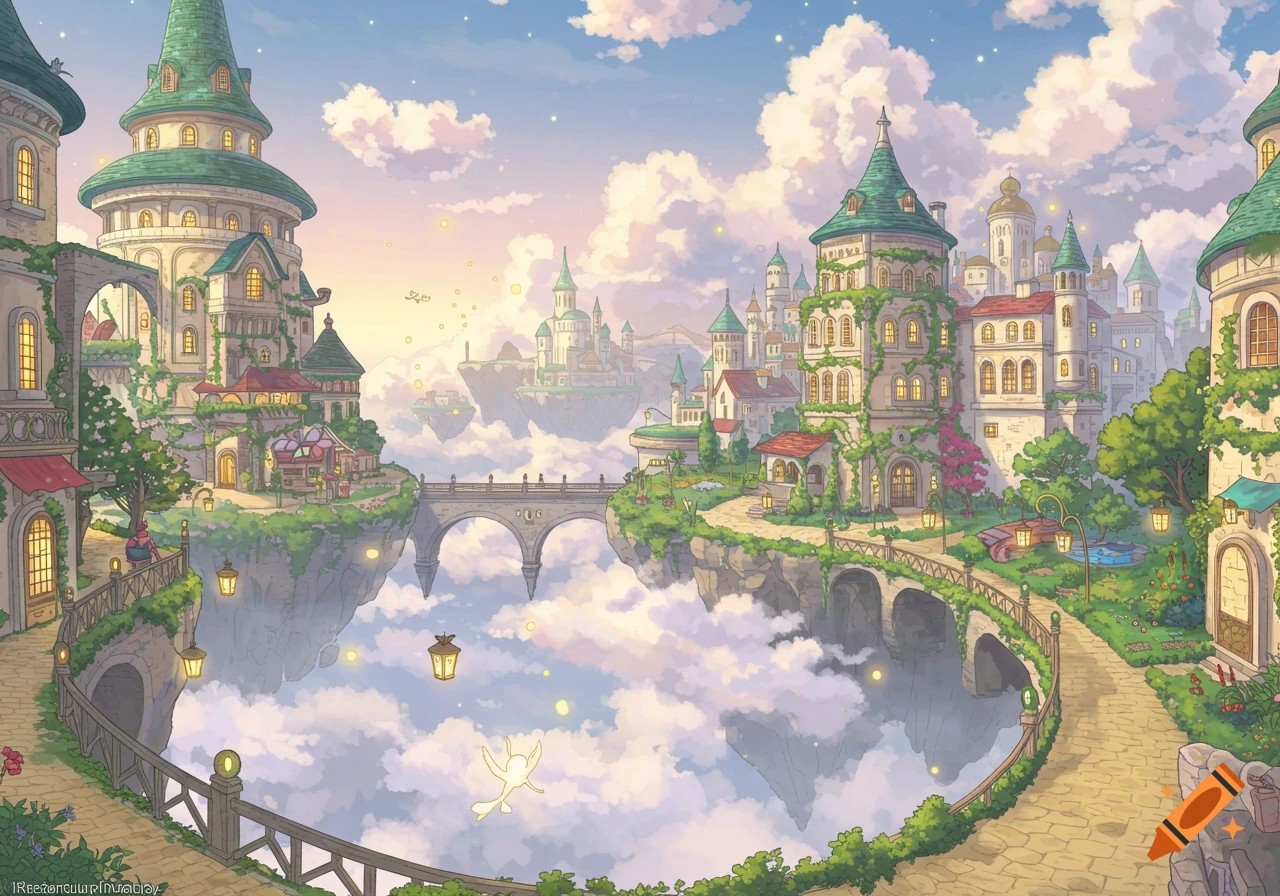 Dreamy Studio Ghibli-style city with pastel buildings and green roofs, floating on cloud islands connected by bridges under a soft sky.
