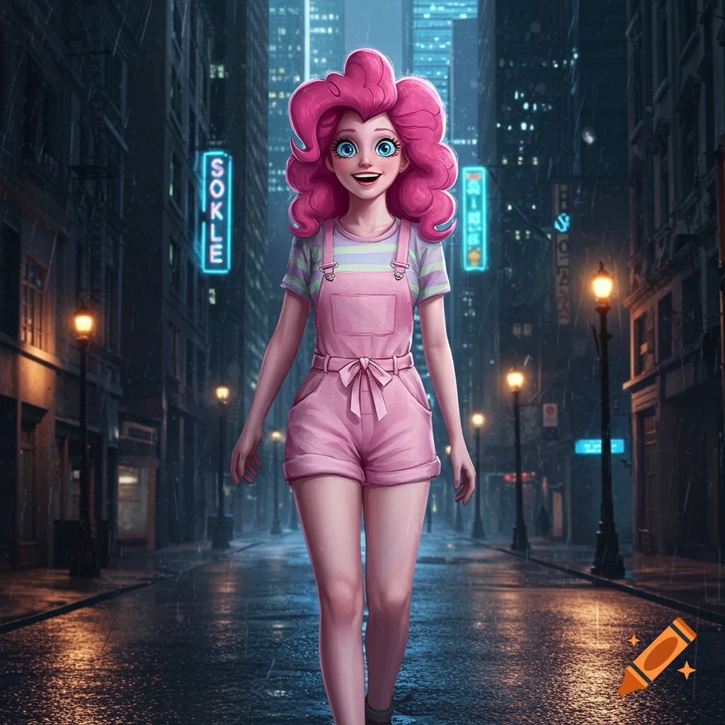 An anime girl with voluminous pink hair and blue eyes, wearing pink overalls and a striped shirt, walks on a wet city street at night, with neon signs.