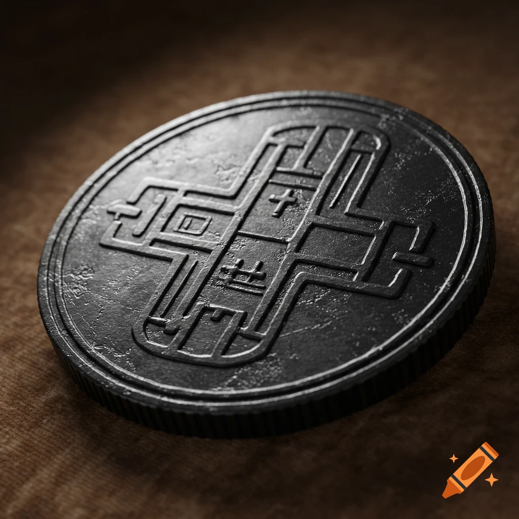 Close-up of a dark, textured coin with geometric minimalist patterns on a brown surface.