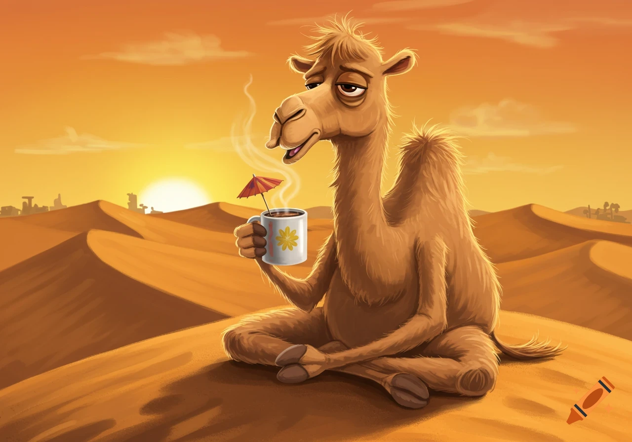A tired, cartoon camel sits cross-legged in a desert at sunset, holding a steaming mug of coffee with a tiny umbrella.
