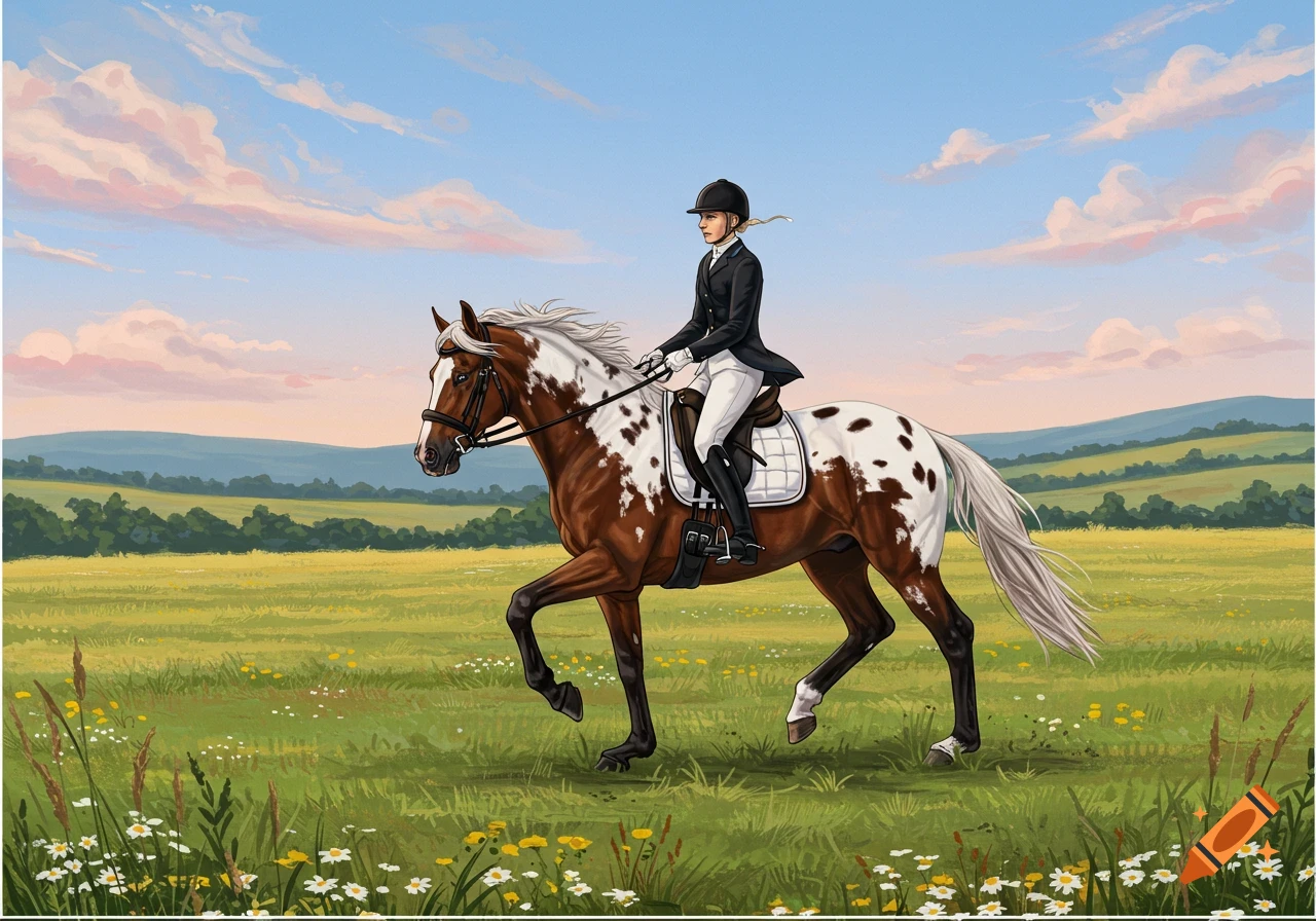 Illustration of a person in equestrian gear riding a spotted Appaloosa horse through a green field with wildflowers under a cloudy blue sky.