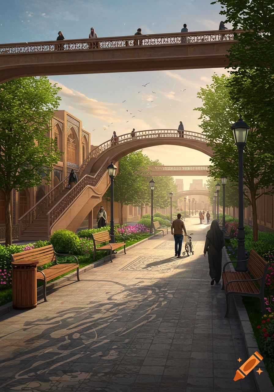 A photorealistic urban parkway in Iran with traditional architecture, ornate pedestrian bridges, lush greenery, and people strolling.