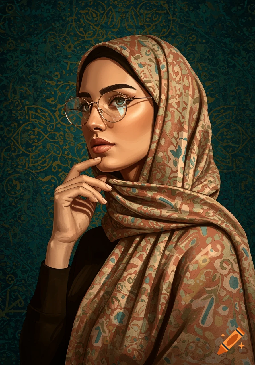 Stylized portrait of a young Arab woman in a patterned hijab and round glasses, hand to chin, against a teal ornate background.
