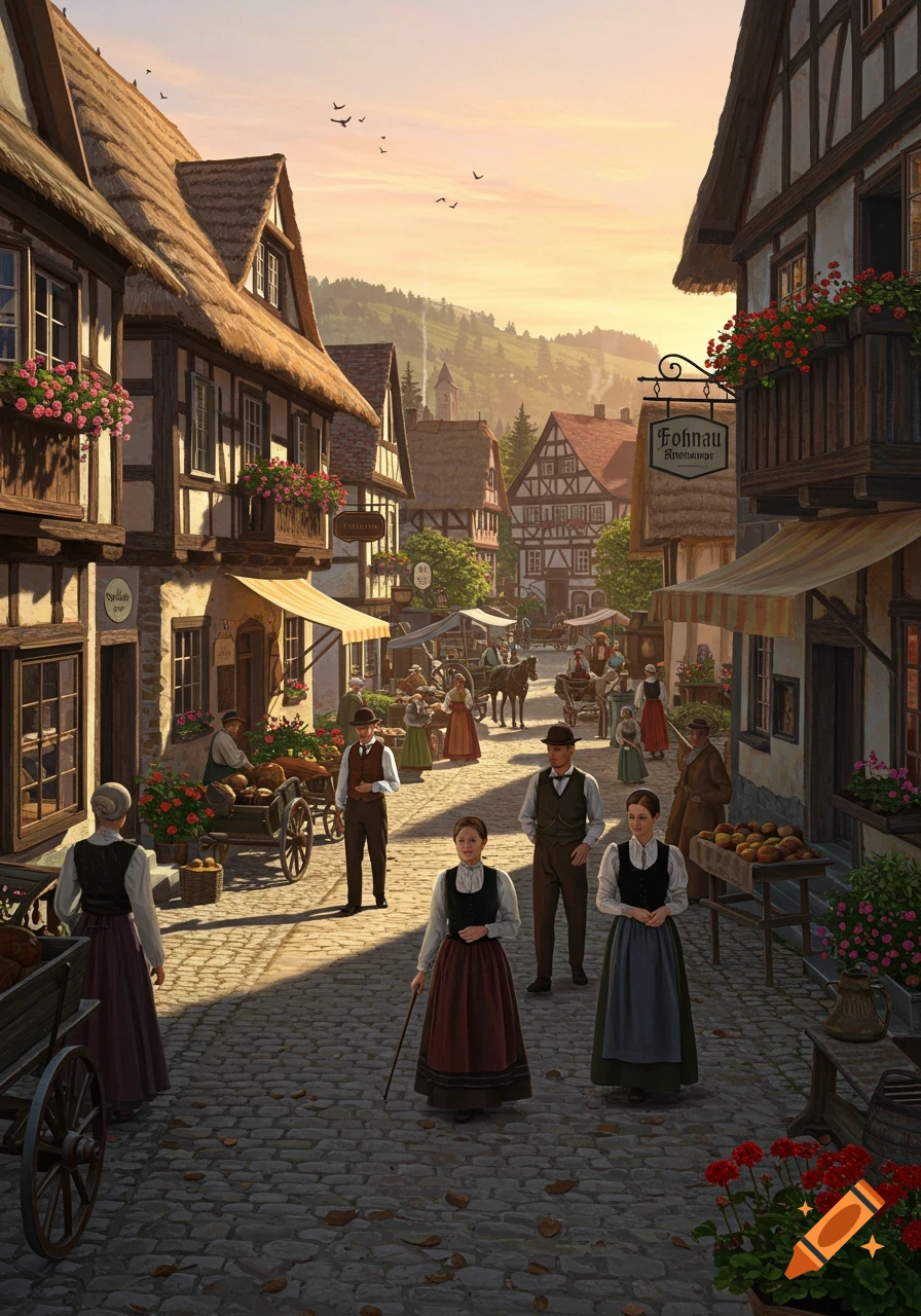 A vibrant, detailed illustration of an old European town street scene with people, market stalls, and half-timbered houses at sunset.