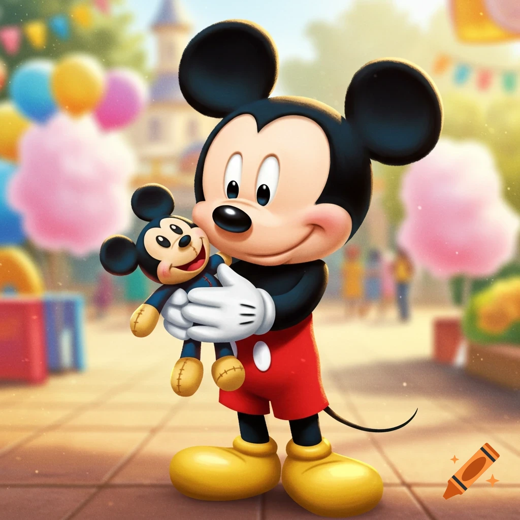 Mickey Mouse holding a small Mickey Mouse plush in a vibrant, cartoon amusement park setting.