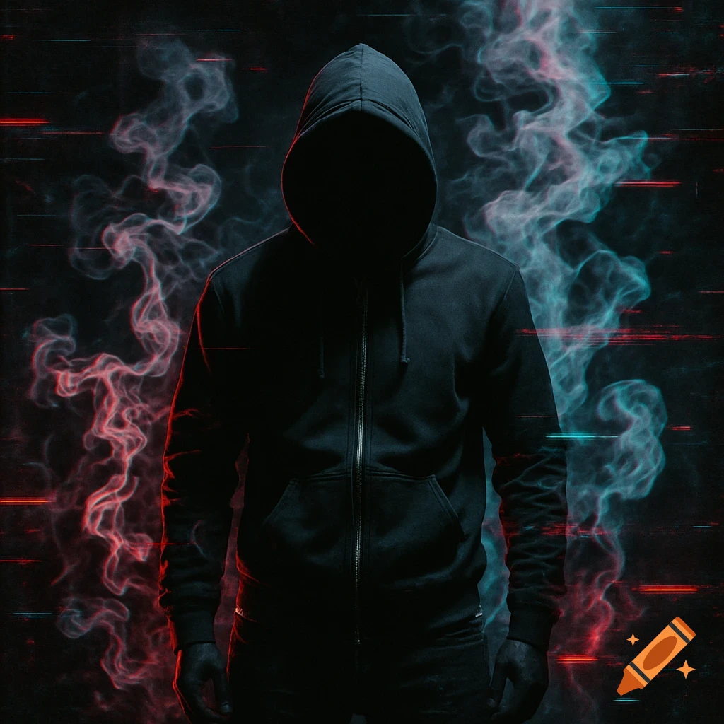 A mysterious hooded figure stands in a dark, glitchy, smoky atmosphere with red and blue neon lights.