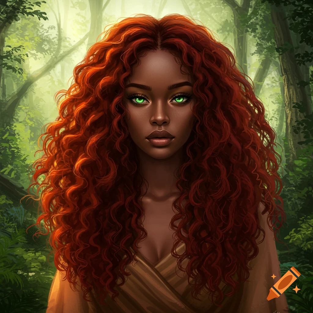 Digital art portrait of a Black woman with green eyes and long dark copper red curly hair, set against a lush forest background.