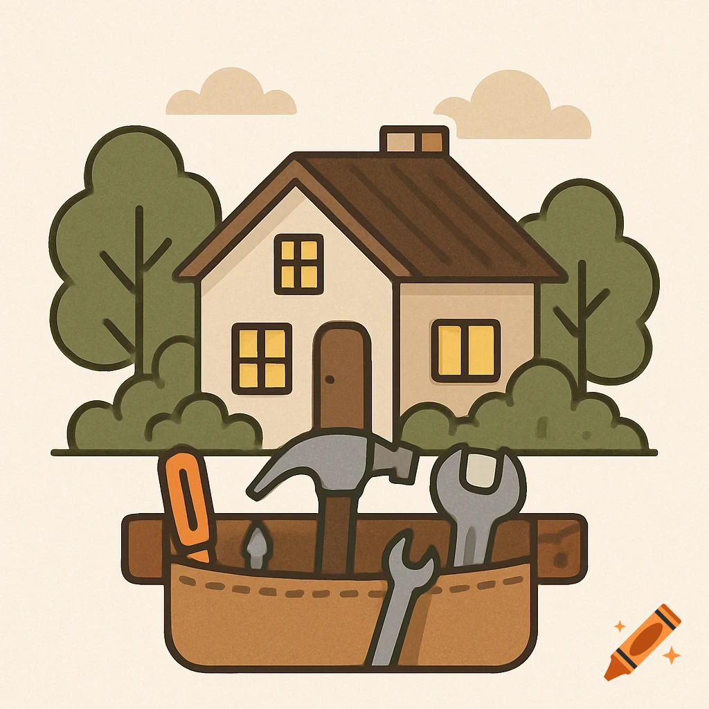 Simple illustration of a house surrounded by trees and clouds, with a brown toolbox full of various repair tools in the foreground.