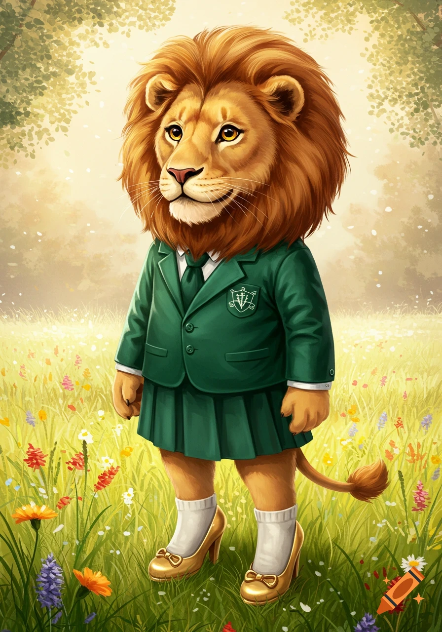 A whimsical illustration of an anthropomorphic lion wearing a green school uniform and gold high heels, standing in a field of colorful wildflowers.